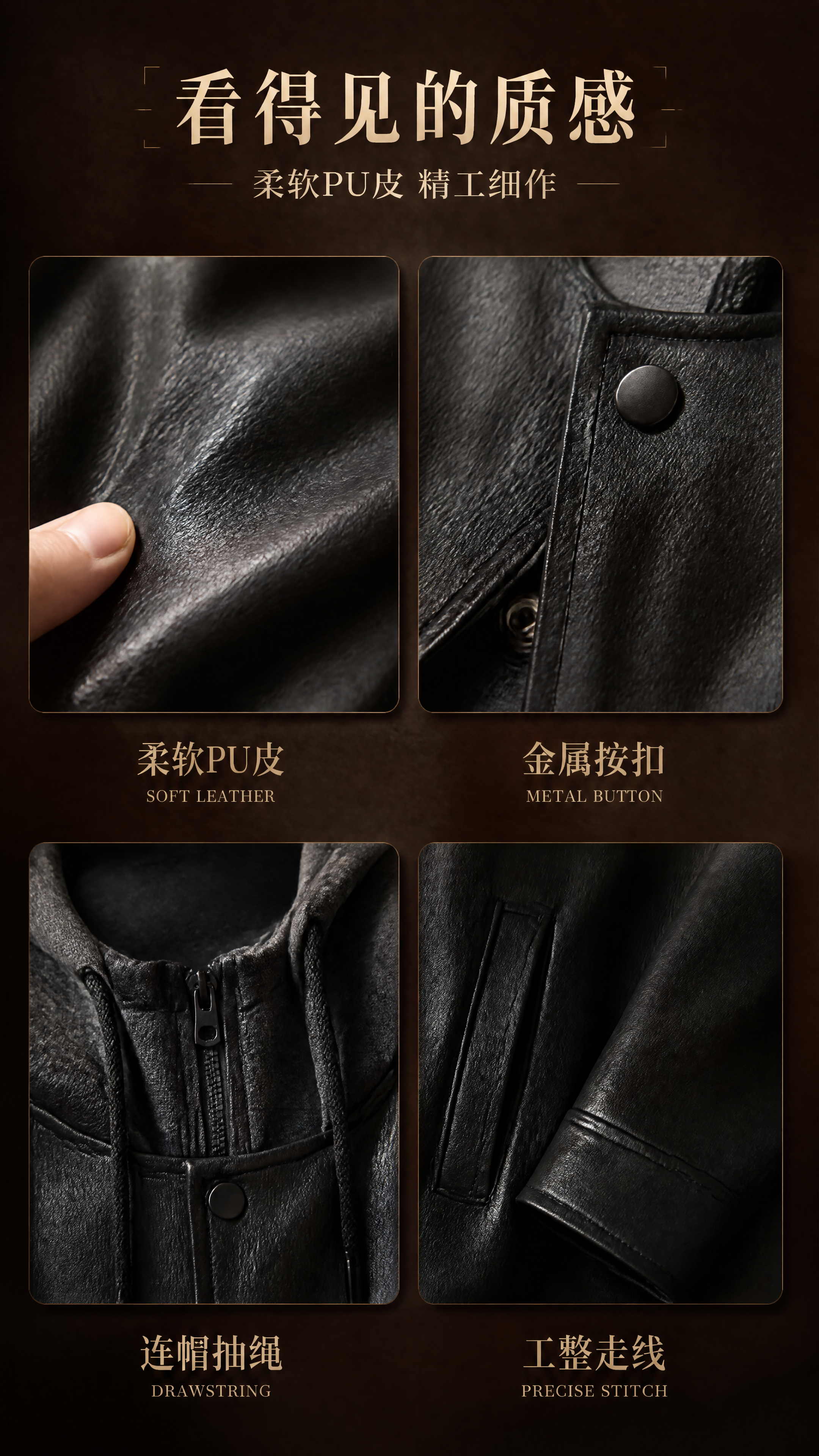 [第4张] 面料工艺细节页-PU皮质与工艺特写。本张使用【图1… - 图片创意预览