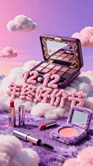 主视觉为一个大型眼影盒，眼影盒上镜子展示毛绒文字文字 “12·12 年终好价节”。背景为高饱和粉紫配色，微缩元素（口红、腮红、睫毛膏）装饰。预览效果