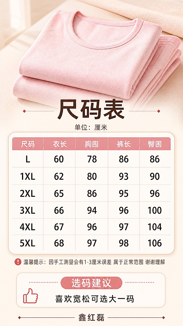 [商品] 使用【图9】尺码表及叠放的浅粉秋衣秋裤；商品处理：保留浅粉色秋衣秋裤叠放、尺码表结构（L/1XL/2XL/3XL/4XL/5XL，衣长/胸围/裤长/臀围字段）、鑫红磊品牌；增强表格清晰度和产品叠放质感，不改变数据结构。
[画面] 目标：尺码信息表+选码建议；构图：上方为叠放的秋衣秋裤套装做背景（半透明虚化），中间为清晰的尺码表格，下方为选码建议文字；表格占画面50%；阅读动线：从上至下；前景：尺码表格主体；中景：半透明产品叠放；后景：暖米色渐变。
[视觉] 套系策略：风格=温馨居家风商业详情页；标题字=思源黑体粗体；正文字=思源黑体常规体；主色=柔粉色；背景延展=基于柔粉色做深浅层级、暖米色渐变和细腻织物/纸张质感；强调色=暖砖红，仅用于小面积图标、引线和标签；标题色=深暖棕；正文色=中暖灰；组件=圆角浅底信息卡、细线引线、柔边光晕；光影=左前侧暖柔光，自然窗光感。
[文字] 顶部主标题「尺码表」，副标题「单位：厘米」，表格内容：L码（衣长60/胸围78/裤长86/臀围86）、1XL（衣长62/胸围80/裤长93/臀围90）、2XL（衣长65/胸围86/裤长95/臀围96）、3XL（衣长66/胸围94/裤长96/臀围100）、4XL（衣长67/胸围96/裤长97/臀围104）、5XL（衣长68/胸围97/裤长98/臀围106）；底部温馨提示：因手工测量会有1-3厘米误差 属于正常范围 谢谢理解；选码建议：喜欢宽松可选大一码；所有文字横排，表格清晰易读。
[规格] 图片比例9:16竖版，4K，负向提示：避免变形、错字、文字过小、模特人物、冷蓝/冷灰背景、衣服颜色改变、数据错乱、极限词、平台Logo水印。