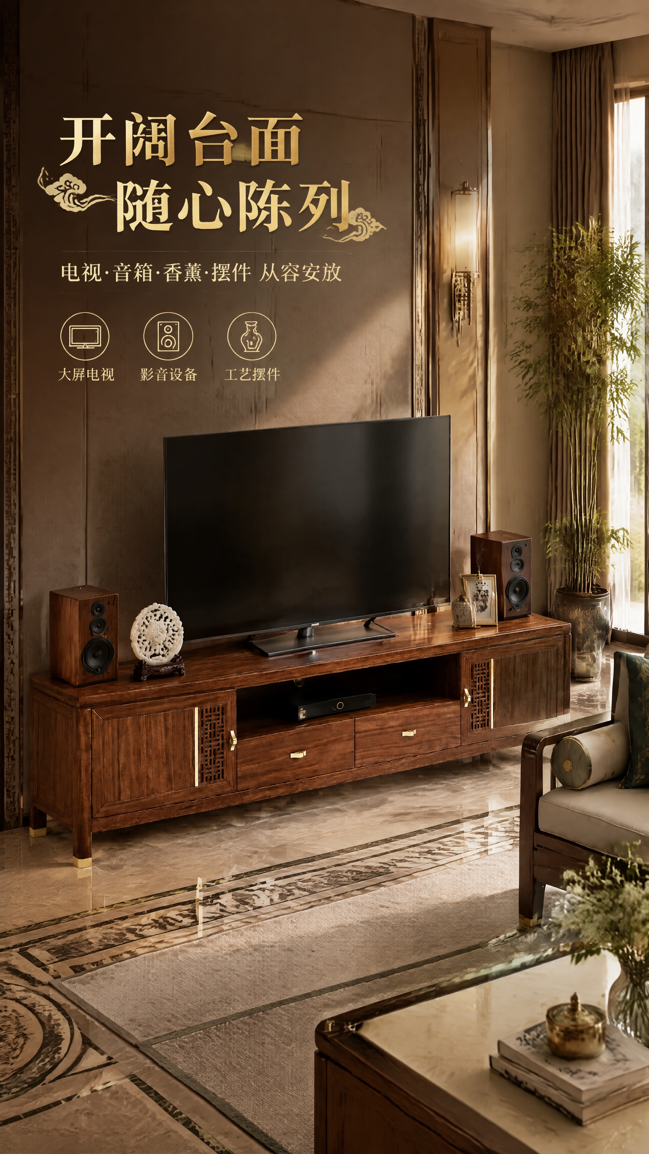 第3张 台面功能展示-电视柜台面摆放场景。本张使用【图1】作为… - 图片创意预览