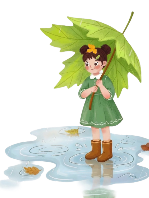 将积水的水形态修改得更圆润柔和，把女孩头顶的梧桐叶伞改成嫩绿色的梧桐叶，保持整体手绘插画风格不变，其他元素保留原有样子预览效果