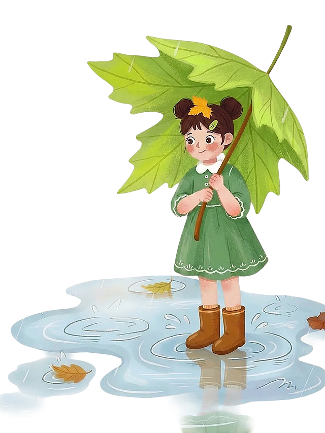 将积水的水形态修改得更圆润柔和，把女孩头顶的梧桐叶伞改成嫩绿色的梧桐叶，保持整体手绘插画风格不变，其他元素保留原有样子