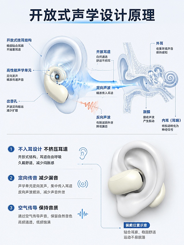 [第4屏] 核心技术解析，讲解开放式耳机声学设计工作原理。
[氛围/风格] 专业科技风，结构示意图清晰，原理直观易懂。
[元素布局] 上半部分占屏幕二分之一以上，放置开放式声学结构图，展示耳道、耳机单元、声波传播路径；下半部分配原理解释文字；本屏使用图1奶白色耳机展示佩戴位置。
[光影质感] 清晰结构线，柔和标注阴影，示意图层次分明，重点技术路径高亮显示。
[配色色系] 全局底色 #F0F4F8；主色深蓝结构线，辅助色浅蓝高亮路径，黑色文字。
[视角构图] 上示意图下文字，通栏排版，中心对齐。
[文字版式] 顶部主标题「开放式声学设计原理」，分点说明：「1. 不入耳设计 不挤压耳道」「2. 定向传音 减少漏音」「3. 空气传导 保持音质」，文字清晰分点，重点词汇高亮。
[比例分辨率] 3:4 竖版比例，4K分辨率，文字清晰可辨，高清画质。
[负向提示词] 结构错误，示意图模糊，文字错乱，文字过小，水印，颜色偏差