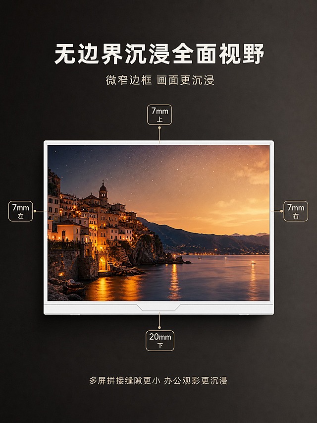 [商品] 使用【图8】正面正视图白色便携显示屏；保留素白机身、白色窄边框、黑色屏幕、底部略宽梯形下边框；屏幕亮起显示通透的夜景或暖调风景画面；产品外观颜色材质结构与输入图一致。
[画面] 第17屏窄边页，目标是展示无边界沉浸全面视野和具体边框尺寸。采用产品正面居中构图：产品占画面65%左右居中，屏幕亮起显示通透的暖调风景画面；上左右边框和下边框分别用极细的米黄引线和深色圆角小标签标注尺寸，上左标注7mm、下标注20mm，引线细而克制；背景深暖炭黑到深暖灰渐变，四周留白充足，突出边框比例。
[视觉] 套系策略：风格=深色高级感+米黄色极简；标题字=现代无衬线粗体；正文字=简洁无衬线体；主色=深暖炭黑#1C1A17；背景延展=深暖炭黑到深暖灰细腻渐变；强调色=米黄色#E8D9B5仅用于引线和尺寸标签；标题色=米白#F2E8D5；正文色=柔米黄#C9BFA9；组件=深色圆角卡片配米黄细描边、米黄线稿图标；光影=柔和顶侧光，屏幕均匀发光，白色边框细腻，接触阴影自然。
[文字] 顶部居中主标题 无边界沉浸全面视野（米白粗体）；其下副标题 微窄边框 画面更沉浸（柔米黄）；上边框引线标签 7mm 配小字 上；左边框引线标签 7mm 配小字 左；右边框引线标签 7mm 配小字 右；下边框引线标签 20mm 配小字 下；底部一行小字 多屏拼接缝隙更小 办公观影更沉浸；所有文字横排，不遮挡屏幕画面和产品主体。
[规格] 图片比例3:4竖版，4K，避免变形、错字、文字过小、边框标注位置错误、素白机身偏色、水印、平台Logo。