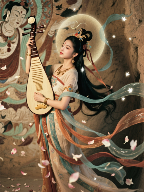 飘带缠绕的敦煌飞天神女，在石窟壁画前反弹琵琶，飘带间散落着花瓣与星光预览效果