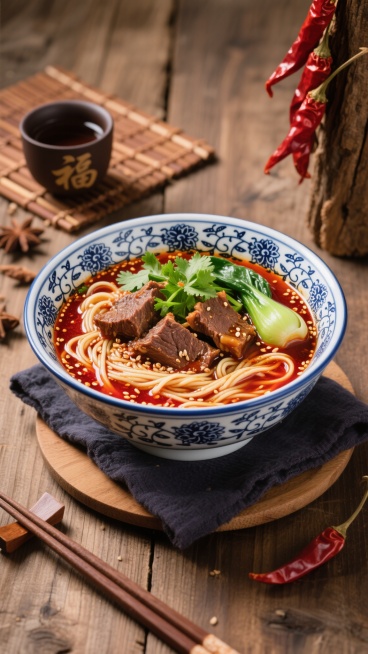 一碗热气腾腾的牛肉面特写，青花瓷花纹的宽口大碗中盛满红亮的牛肉汤，筋道的面条浸在汤中，顶部码放着大块酥烂的酱牛肉、翠绿的香菜、嫩绿的青菜，汤色浓郁油亮，表面漂浮着细密的红油和芝麻。碗下垫着深色布巾和圆形木垫，背景为质朴的木质桌面，左侧摆放着一个带有“福”字的深色小茶杯，旁边散落着棕色竹制餐垫，右侧有一串鲜红的干辣椒挂在古朴的木头上，整体呈现温暖诱人的中式美食氛围，光影柔和，突出食物的质感与色泽……预览效果