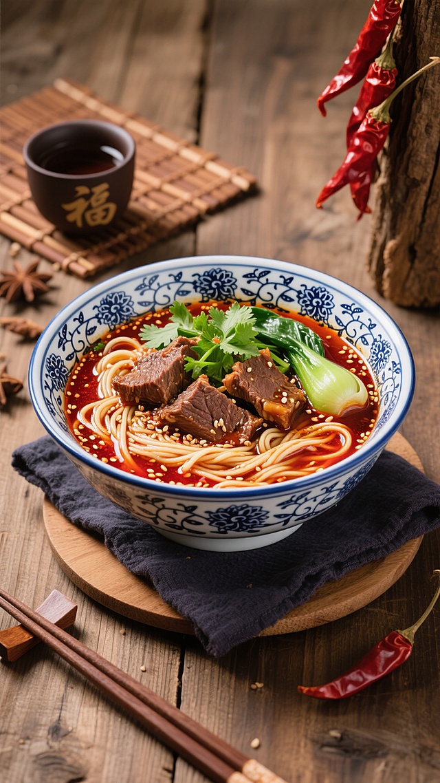 一碗热气腾腾的牛肉面特写，青花瓷花纹的宽口大碗中盛满红亮的牛肉汤，筋道的面条浸在汤中，顶部码放着大块酥烂的酱牛肉、翠绿的香菜、嫩绿的青菜，汤色浓郁油亮，表面漂浮着细密的红油和芝麻。碗下垫着深色布巾和圆形木垫，背景为质朴的木质桌面，左侧摆放着一个带有“福”字的深色小茶杯，旁边散落着棕色竹制餐垫，右侧有一串鲜红的干辣椒挂在古朴的木头上，整体呈现温暖诱人的中式美食氛围，光影柔和，突出食物的质感与色泽，写实摄影风格，细节清晰，色彩饱满，充满食欲。
