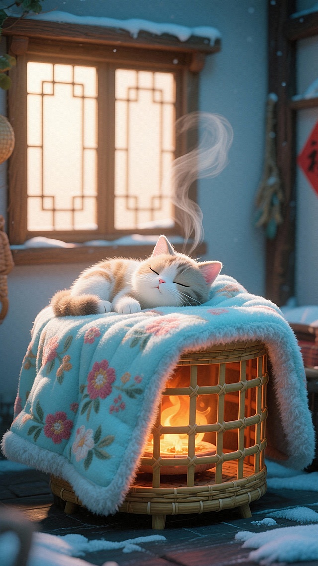 一个传统的竹编烘笼，盖着一条褪色的花朵图案棉被，一只毛茸茸的猫满足地睡在上面，温暖以可见的柔和热浪向上蒸腾。在阳光洒落、有木格窗的老房间里，宁静，质朴的中国冬日生活。整体软3D毛绒风。