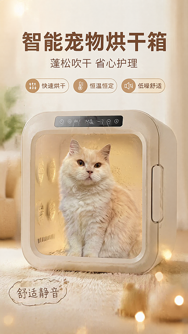 商品宣传海报，画面主视觉是宠物烘干箱产品，搭配图片中的浅米色长毛猫咪展示使用效果，风格写实商业摄影，温馨宠物生活风。主标题文字"智能宠物烘干箱"，副标题文字"蓬松吹干 省心护理"，卖点标签文字"快速烘干""恒温恒定""低噪舒适"，装饰文案"舒适静音"。画面版式精美，居中展示产品，文字清晰易读，9:16竖版，背景温馨干净，浅暖色调，前景虚化光斑点缀，景深效果，超高清4K画质。