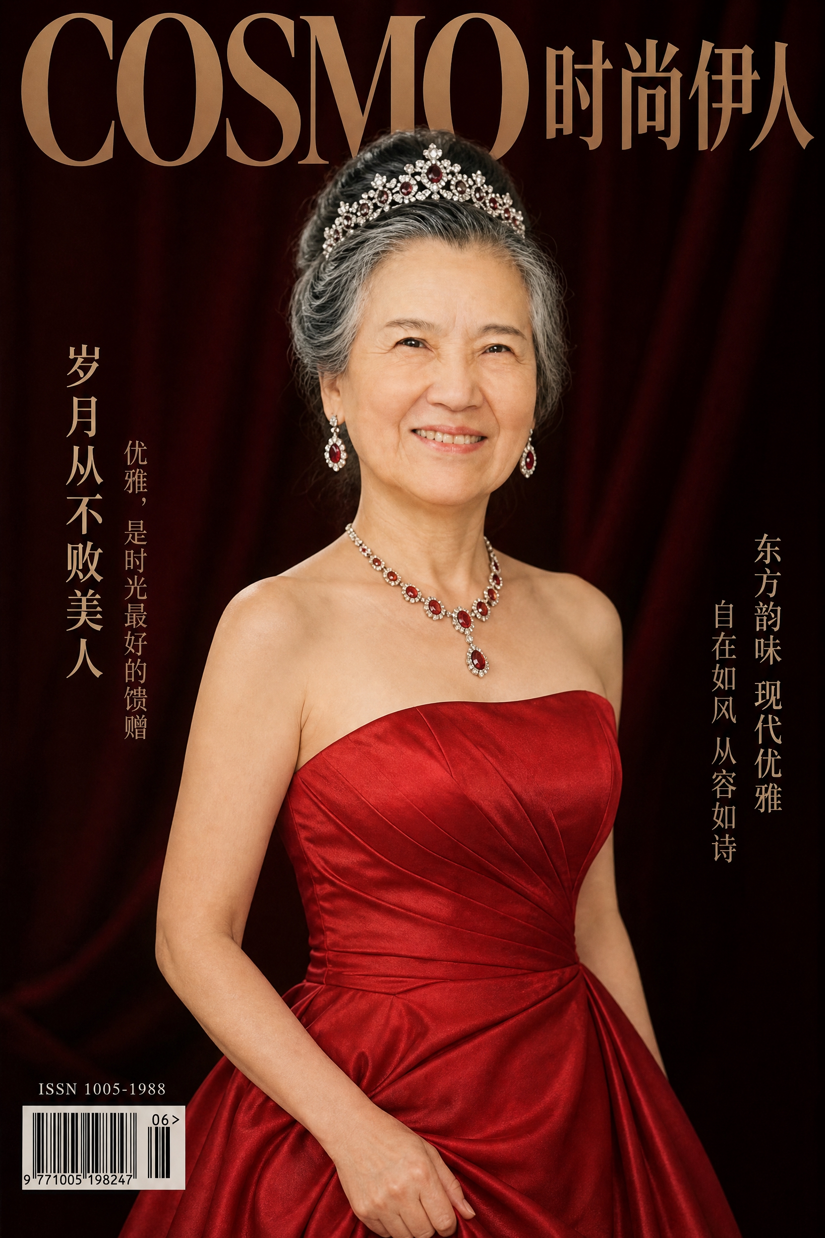 中国高端时尚杂志封面，50岁优雅东方女性，保留参考图的人脸特征… - 图片创意预览