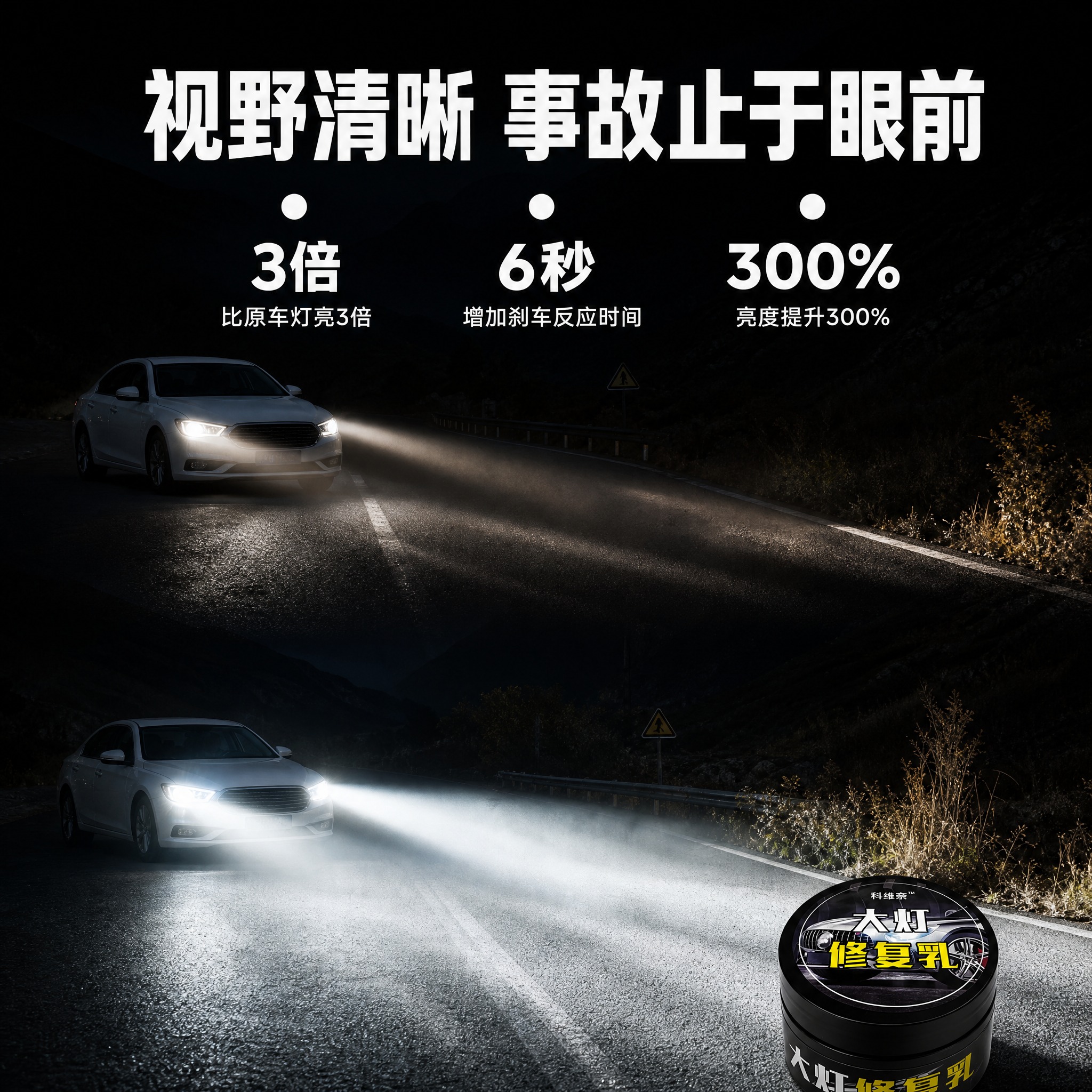电商广告宣传图，1:1正方形构图，纯黑色背景，夜间道路场景，写… - 图片创意预览