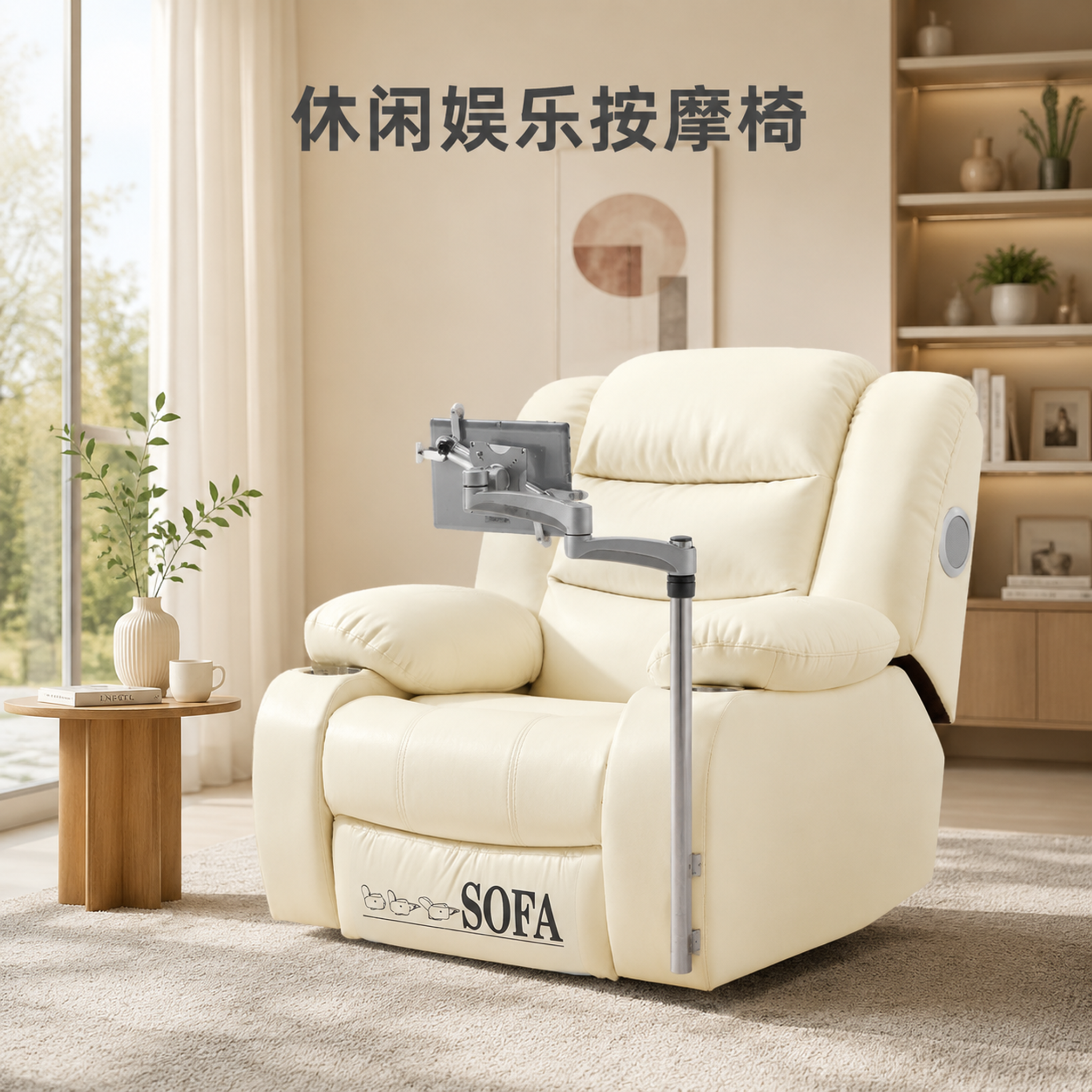 将这款米白色带平板支架的休闲按摩沙发放置在现代轻奢风格的居家客… - 图片创意预览