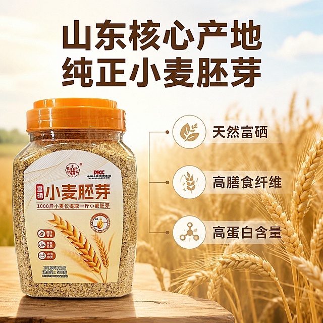 「图片1」「图片1」参考产品图生成电商主图（5张），商品名称是：小麦胚芽，卖点是：富硒小麦胚芽，高蛋白含量，高膳食纤维，0 钠配方，PICC 品质背书，风格是：营养丰富风，适配抖音平台，主图比例为1:1