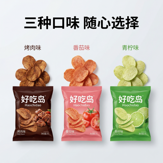 [主图 2] 多口味展示核心亮点
[氛围/风格] 干净通透电商风，真实食欲感
[画面元素] 商业摄影质感、光线柔和通透、产品清晰真实、画面干净高级。将烤肉味番茄味青柠味三种不同口味的好吃岛山药脆片包装预览效果