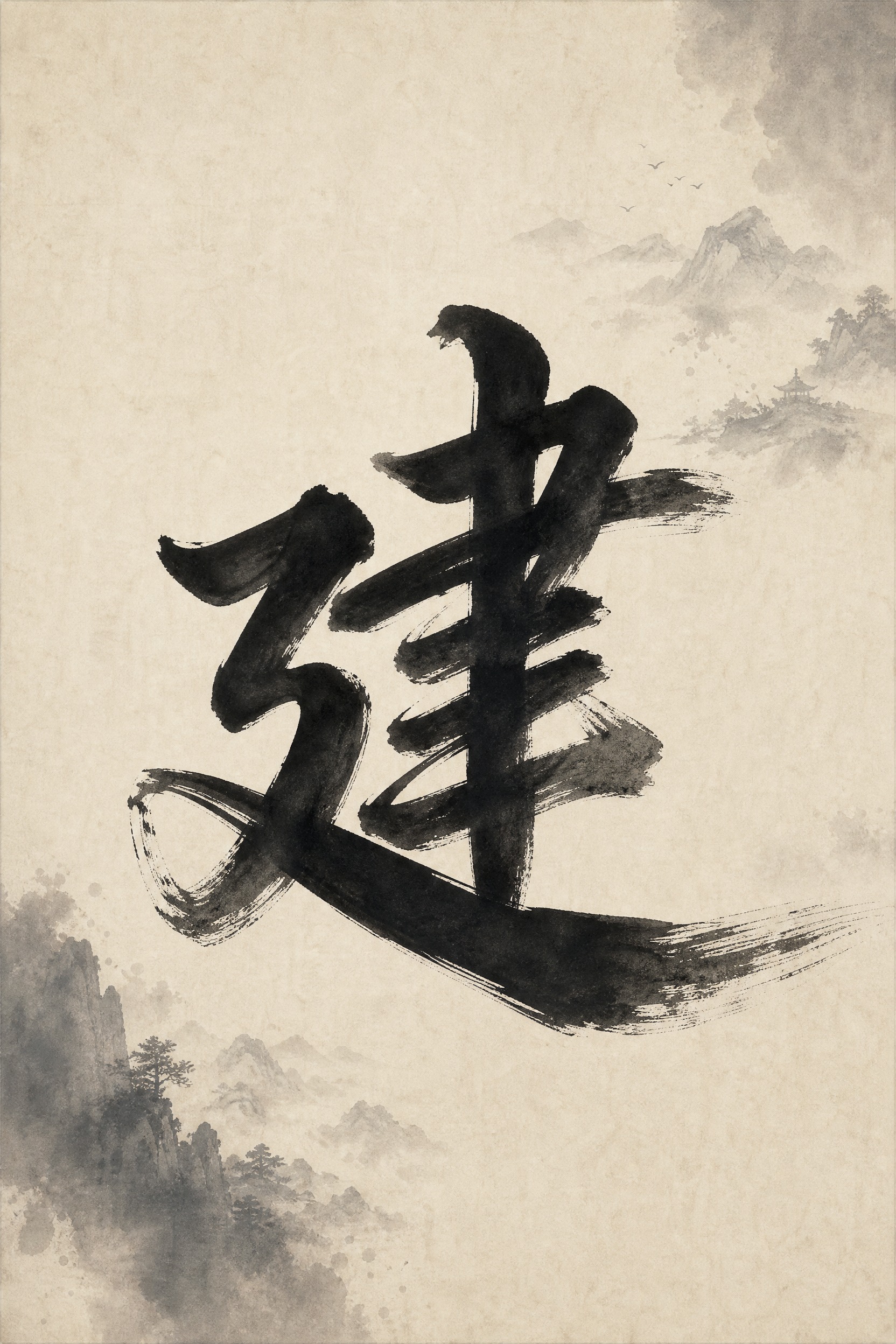 大气书法风单字海报，A4竖版，画面中央一个巨大的毛笔书法字「建… - 图片创意预览