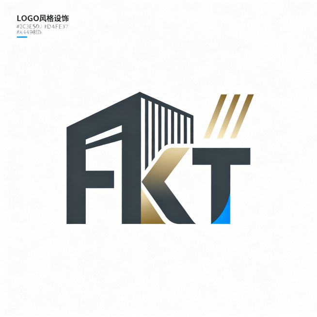 设计一个装饰设计公司logo，名称为富凯图尔。元素包含抽象化的「F」字母，结合建筑立面线条和中央空调气流形态，采用负形设计隐藏「K」字母轮廓，实现FKT多字母融合。辅助图形为三道向上延展的平行线。配色预览效果