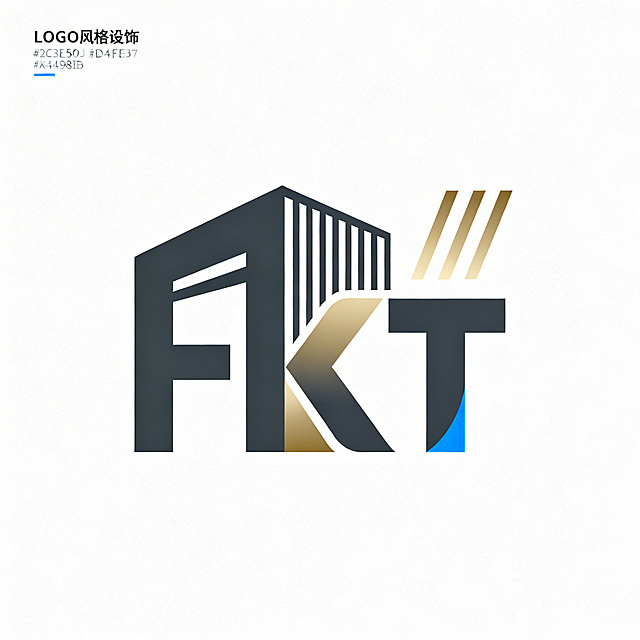 设计一个装饰设计公司logo，名称为富凯图尔。元素包含抽象化的「F」字母，结合建筑立面线条和中央空调气流形态，采用负形设计隐藏「K」字母轮廓，实现FKT多字母融合。辅助图形为三道向上延展的平行线。配色：主色深空灰(#2C3E50)，辅色香槟金(#D4AF37)，点缀科技蓝(#3498DB)，风格专业高端极简，适合装饰设计行业。