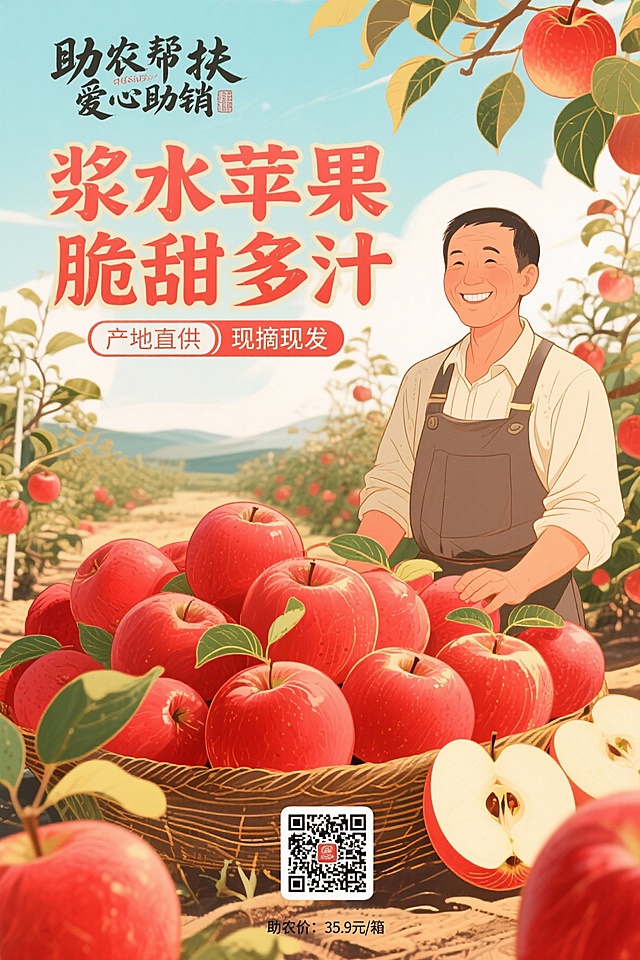 浆水苹果助农海报，竖版，整体风格乡土质朴，背景用河北浆水果园实景图，画面主体是红彤彤的浆水苹果堆，旁边加一位果农微笑的半身像，左上角用毛笔字写“助农帮扶 爱心助销”，中间大字体突出“浆水苹果 脆甜多汁”，下方标注“产地直供 现摘现发”，底部加购买二维码占位框和“助农价：35.9元/箱”，配色以红、黄、棕为主，点缀绿色枝叶元素。生成5张