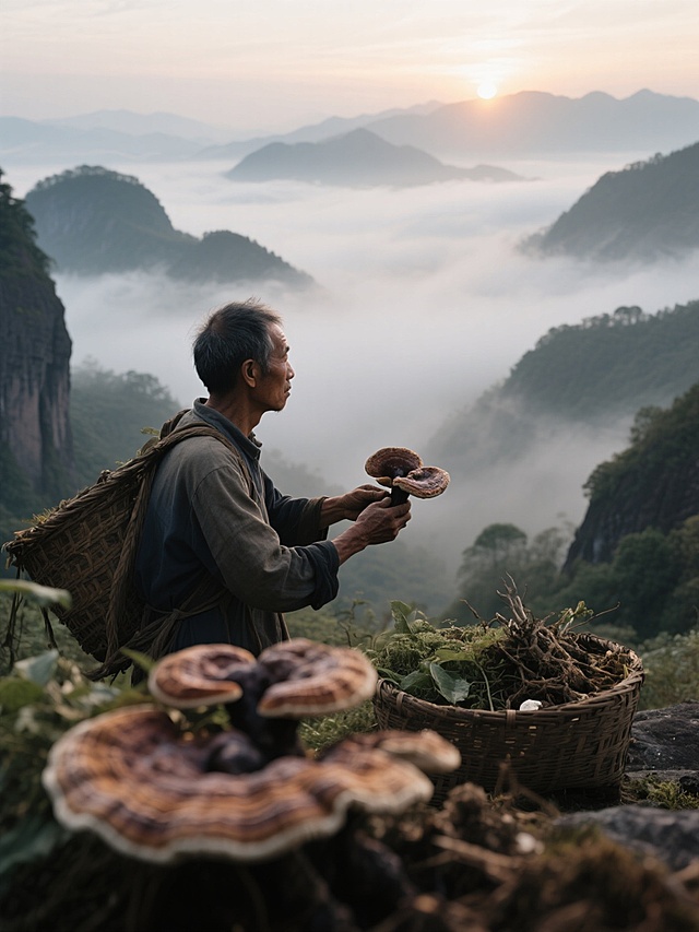 山间采菇，实景宽阔，朦胧中式质朴，国潮水墨风。