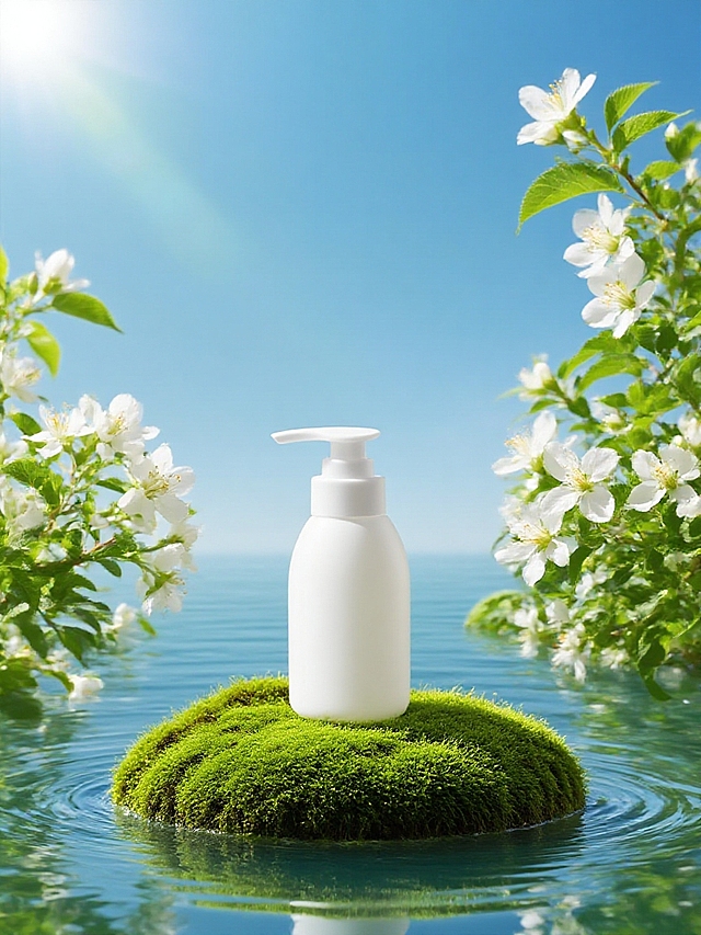 主体放置在一个水面上被绿色苔藓覆盖的小岛上，周围有白色花朵、绿叶环绕，背景为蓝天，光线明亮