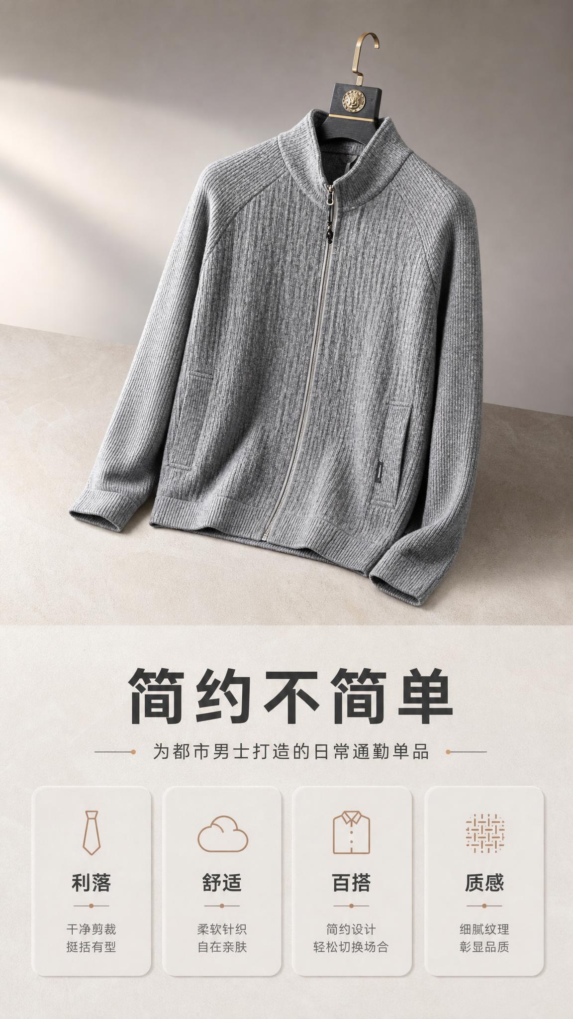 [商品] 使用【图1】男士灰色立领针织拉链开衫外套；商品处理：… - 图片创意预览