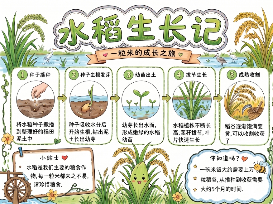 在这张水稻生长记手抄报的各个空白框内填充适合的科普文字内容：1.种子播种：将水稻种子撒播到整理好的稻田泥土中；2.种子生根发芽：种子吸收水分后开始生根，钻出泥土长出幼芽；3.幼苗出土：幼芽长出水面，形预览效果