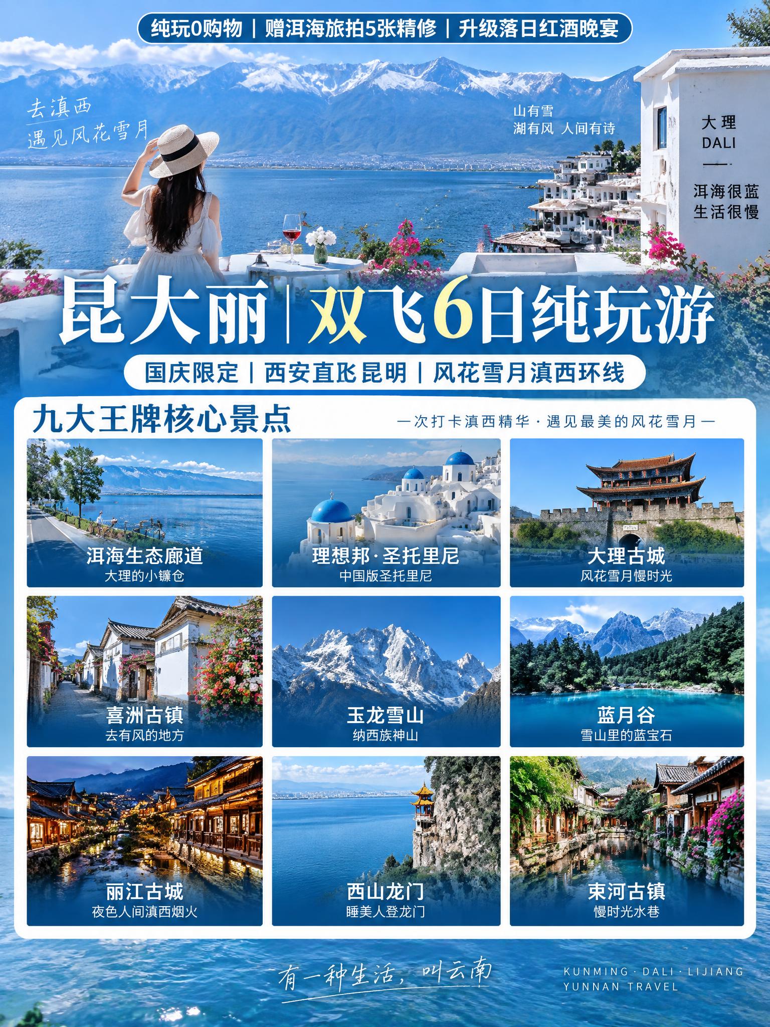 3:4竖版小红书文旅海报，昆大丽双飞6日纯玩游，滇西风花雪月纪… - 图片创意预览