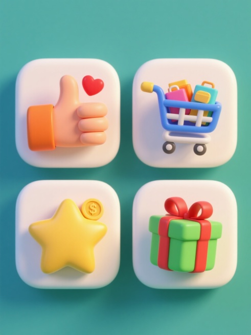 3D卡通风格电商素材集合，纯色背景，四个规整排布的方形元素，每个元素均为圆润可爱的3D图标：第一个是橙色点赞手势旁有红色爱心，第二个是蓝色购物车装满彩色商品，第三个是黄色星星包裹着金币，第四个是绿色礼盒系着红色蝴蝶结，所有元素均采用光滑渐变材质，柔和高光，统一光源，简洁明快的电商视觉语言，无文字和二维码。预览效果