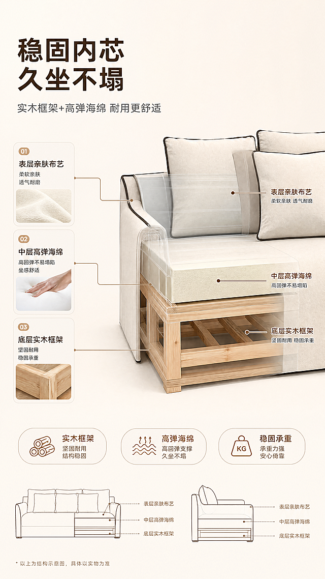[商品] 使用【图1】米白色布艺沙发；商品处理：保留沙发外部整体结构、比例、颜色和造型；做半透明分层透视效果，展示内部结构层次，不改变外部轮廓和外观。
[画面] 目标：结构内芯页，解析沙发内部框架与填充结构。左文右图构图，左侧文案+结构说明，右侧沙发半透明透视效果展示内部分层；产品占画面约60%，正面角度，座垫与靠背部分做半透明切割示意，清晰展示三层结构；背景为浅米色渐变，搭配结构线稿辅助说明，专业清晰。
[视觉] 套系策略：风格=明亮奶油风家居商业摄影；标题字=现代无衬线粗体；正文字=简洁无衬线体；主色=米白奶油色；背景延展=基于米白奶油色做深浅层级、同色渐变和细腻墙面/织物质感；强调色=奶茶棕，仅用于小面积图标、引线和标签；标题色=深暖棕；正文色=中暖灰；组件=圆角浅底信息卡、细线引线、胶囊标签；光影=正前方均匀柔光，明亮清晰。
[文字] 左上主标题"稳固内芯 久坐不塌"，副标题"实木框架+高弹海绵 耐用更舒适"；右侧沙发旁用引线标注三层结构："表层亲肤布艺""中层高弹海绵""底层实木框架"，每层配4-6字短说明；底部3个结构卖点胶囊标签"实木框架""高弹海绵""稳固承重"；全部横向排版，不遮挡核心结构。
[规格] 图片比例9:16竖版，4K，避免变形、错字、文字过小、冷蓝/冷灰背景、沙发外观改变、暗色调。