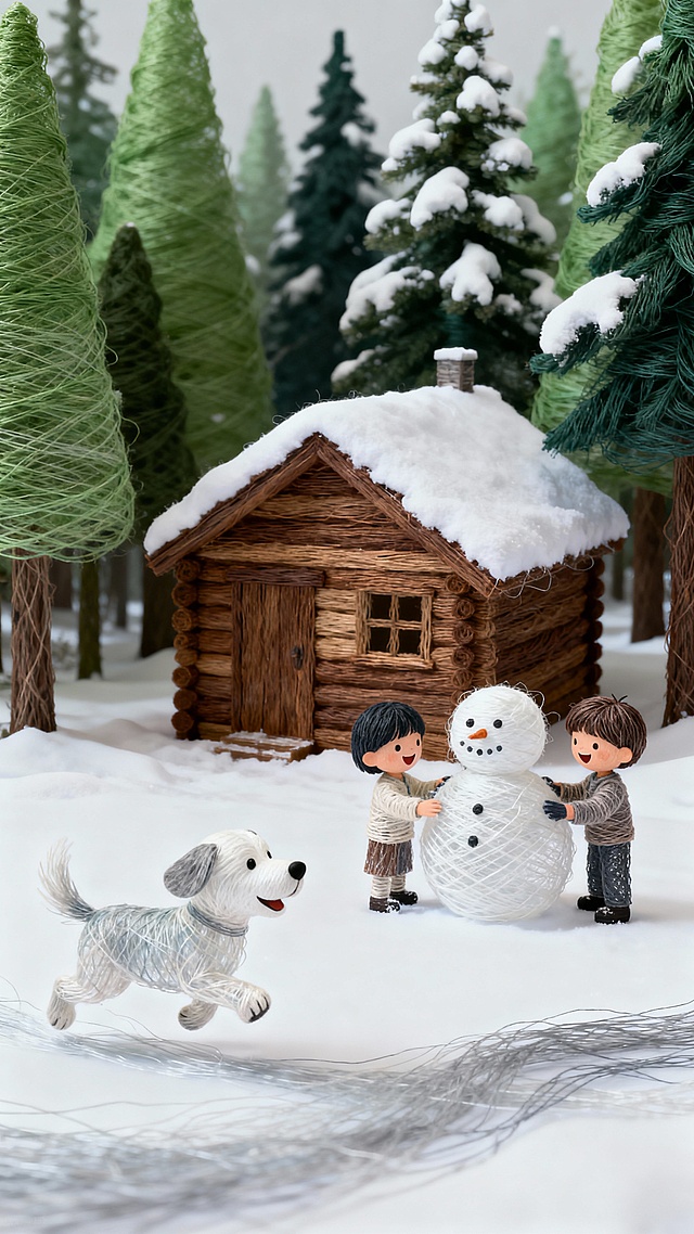 森林边缘的小木屋前，一只小狗蹦跳着帮忙“堆”雪人，实际上是在踩雪打闹，两个小孩一边笑一边修整雪人的身体，远处松树上积满了雪，宁静而温暖。