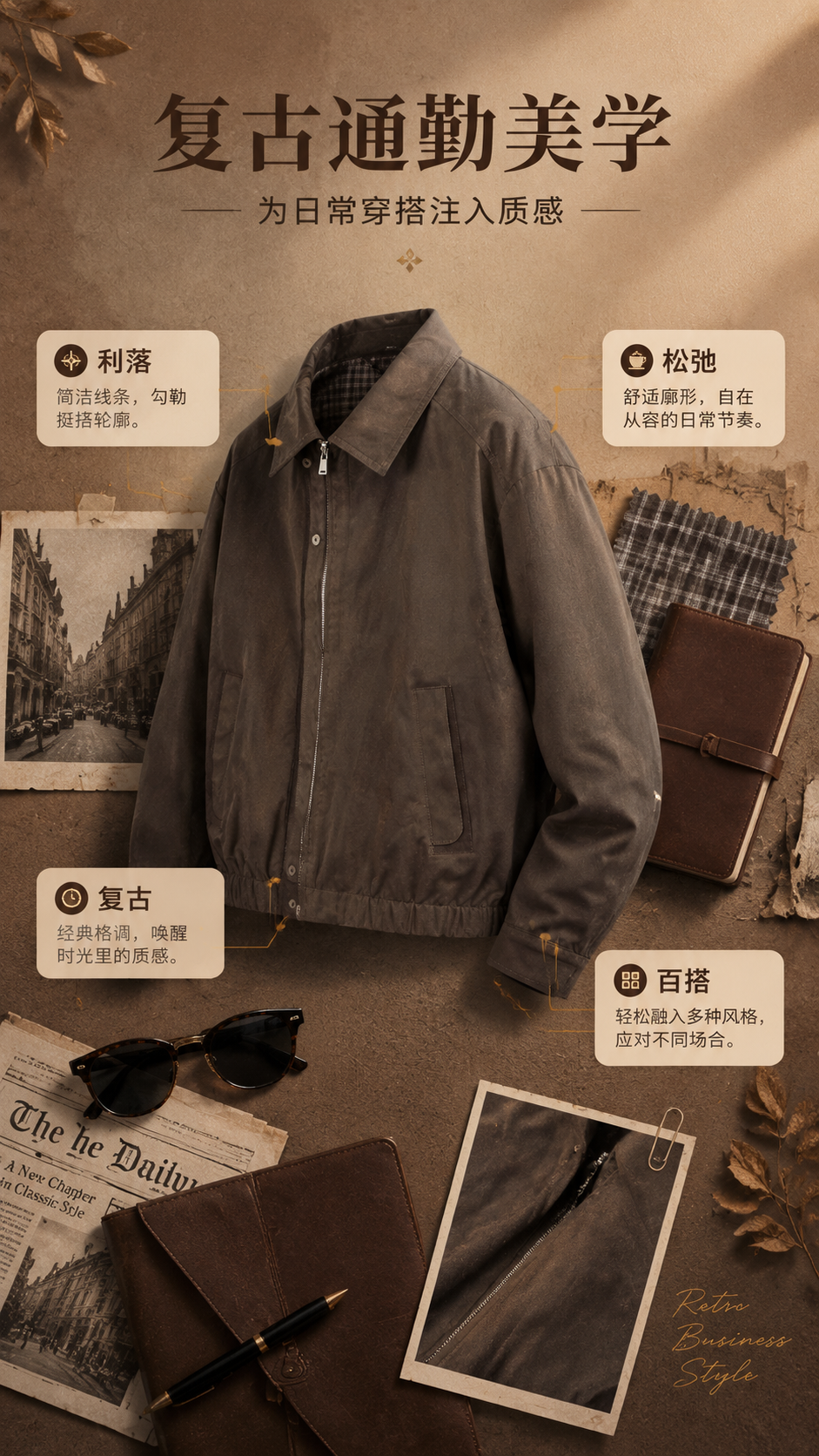 [商品] 使用【图1】棕色翻领短款夹克；商品处理：保留翻领、拉… - 图片创意预览