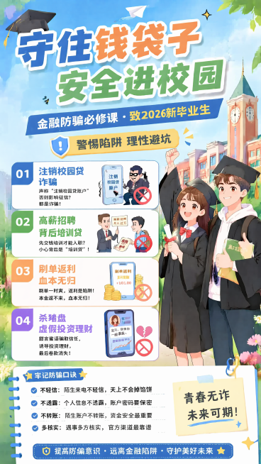 修改海报主题为主标题"守住钱袋子"，副标题"安全进校园"，保留原有四个诈骗类型内容、卡通人物和校园风格，调整整体排版适配新主题，保持色彩明亮活泼，所有文字清晰可读，依然是9:16竖版海报预览效果