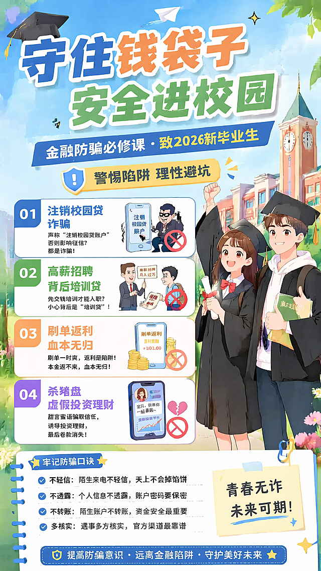 修改海报主题为主标题"守住钱袋子"，副标题"安全进校园"，保留原有四个诈骗类型内容、卡通人物和校园风格，调整整体排版适配新主题，保持色彩明亮活泼，所有文字清晰可读，依然是9:16竖版海报