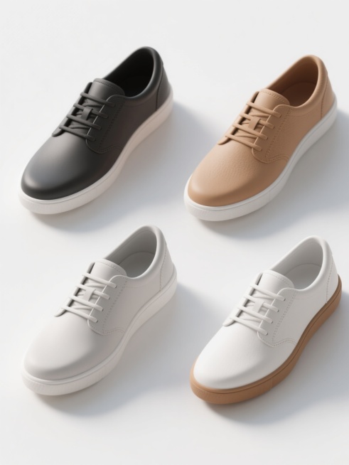 一组4个不同配色、不同样式、不同材质的休闲鞋，采用干净简约的3D渲染风格，每个鞋款拥有清晰的结构线条和柔和的哑光质感，鞋面与鞋底的色彩对比鲜明且和谐，光影效果自然柔和，光源来自左上方形成轻微阴影，整体构图居中对称，背景为纯白色，突出鞋子的立体感和细节，符合现实逻辑的鞋型设计，适合作为素材使用。预览效果