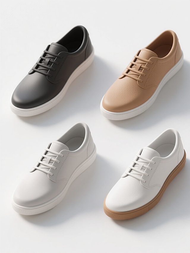 一组4个不同配色、不同样式、不同材质的休闲鞋，采用干净简约的3D渲染风格，每个鞋款拥有清晰的结构线条和柔和的哑光质感，鞋面与鞋底的色彩对比鲜明且和谐，光影效果自然柔和，光源来自左上方形成轻微阴影，整体构图居中对称，背景为纯白色，突出鞋子的立体感和细节，符合现实逻辑的鞋型设计，适合作为素材使用。