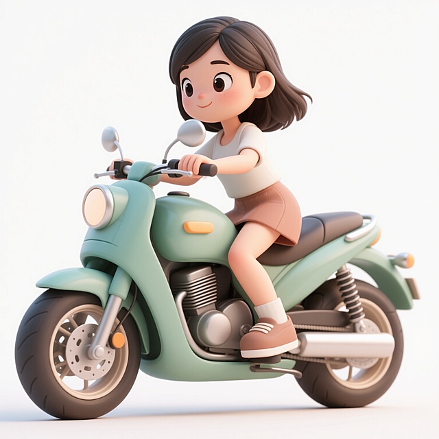 一个东方女性，在骑摩托车，是一个可爱的卡通风格，3D，立体的效果，完整的全身图片， 背景白色