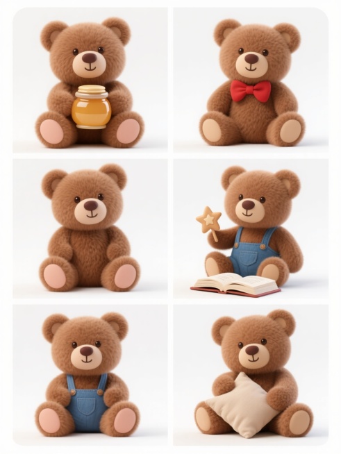 系列集合展示六个完全不同姿态和场景的棕色毛绒小熊玩偶，每个小熊保持相同的高仿真3D质感、细腻柔软的棕色绒毛纹理、圆润的身体轮廓和深棕色的眼睛与鼻子，以及肉色的脚掌细节，统一采用纯白色纯色背景，整体风格与单个小熊保持高度一致，六个小熊以规整的网格排布，每个小熊分别呈现不同的独特元素内容：第一个小熊抱着一个蜂蜜罐，第二个小熊戴着红色蝴蝶结，第三个小熊坐在一本打开的故事书上，第四个小熊拿着一个小星星……预览效果