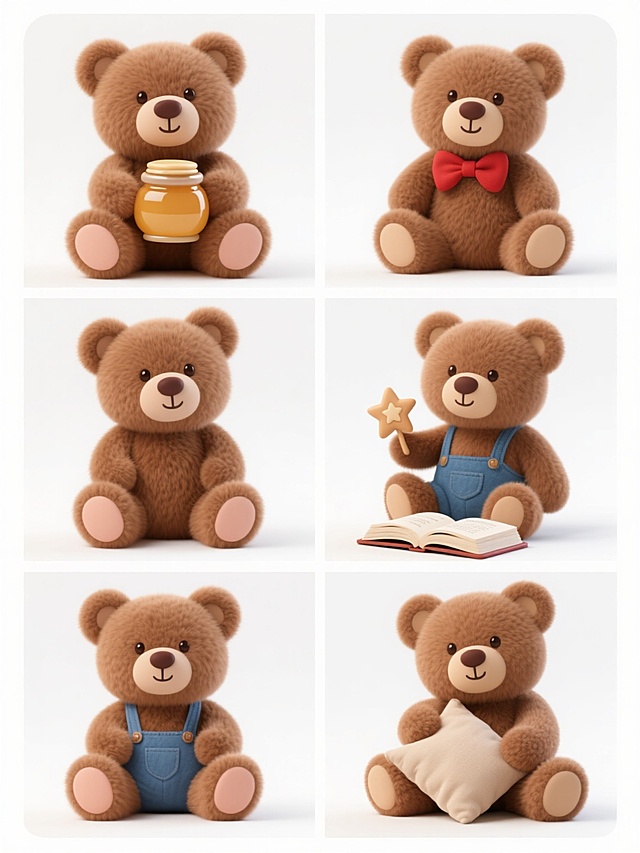 系列集合展示六个完全不同姿态和场景的棕色毛绒小熊玩偶，每个小熊保持相同的高仿真3D质感、细腻柔软的棕色绒毛纹理、圆润的身体轮廓和深棕色的眼睛与鼻子，以及肉色的脚掌细节，统一采用纯白色纯色背景，整体风格与单个小熊保持高度一致，六个小熊以规整的网格排布，每个小熊分别呈现不同的独特元素内容：第一个小熊抱着一个蜂蜜罐，第二个小熊戴着红色蝴蝶结，第三个小熊坐在一本打开的故事书上，第四个小熊拿着一个小星星玩具，第五个小熊穿着蓝色背带裤，第六个小熊依偎着一个小枕头，所有小熊均以正面或略微侧坐的角度展示，确保清晰可见各自的特色元素，整体画面简洁干净，突出每个小熊的独特性和系列的统一性。