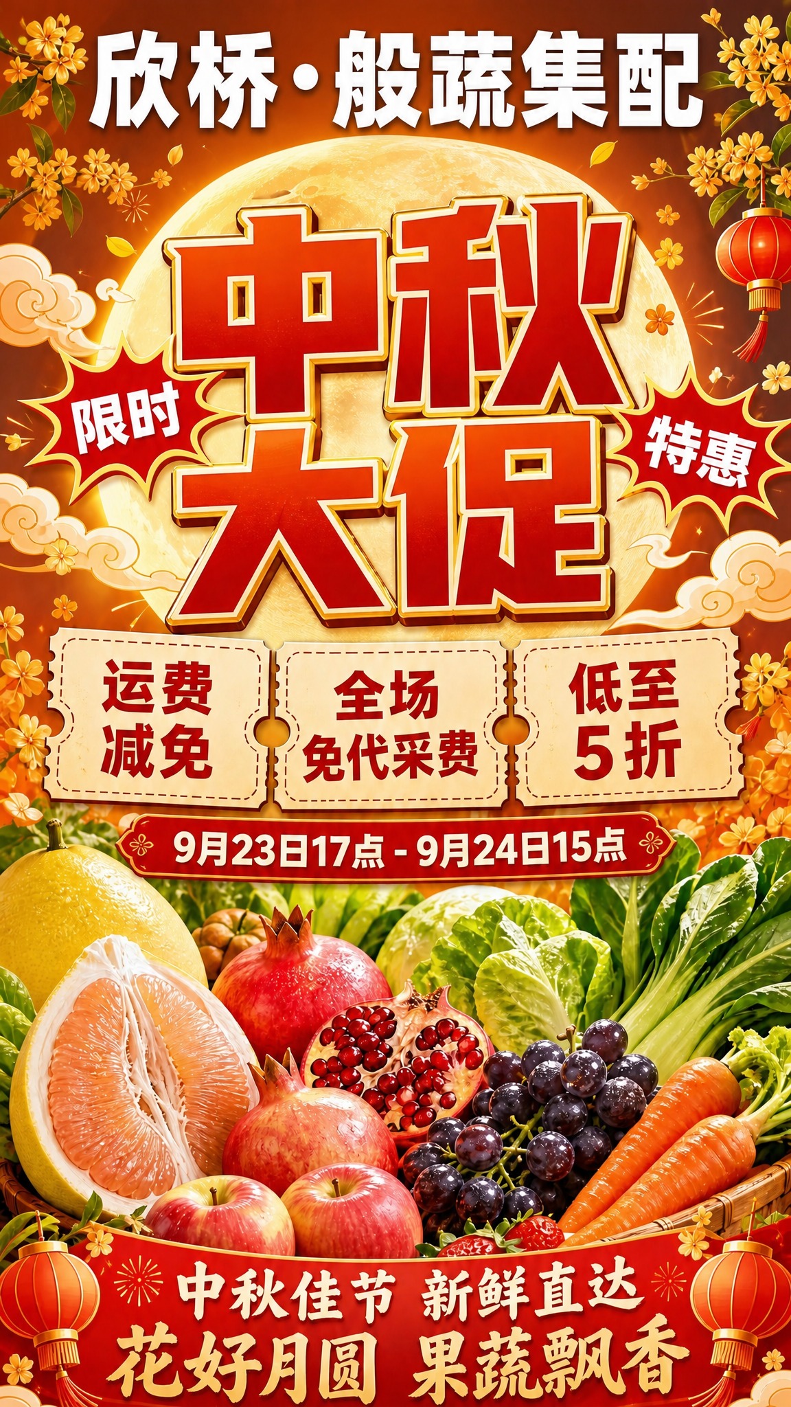 基于这张中秋促销海报进行修改，将顶部的"欣桥·般蔬集配"品牌名… - 图片创意预览