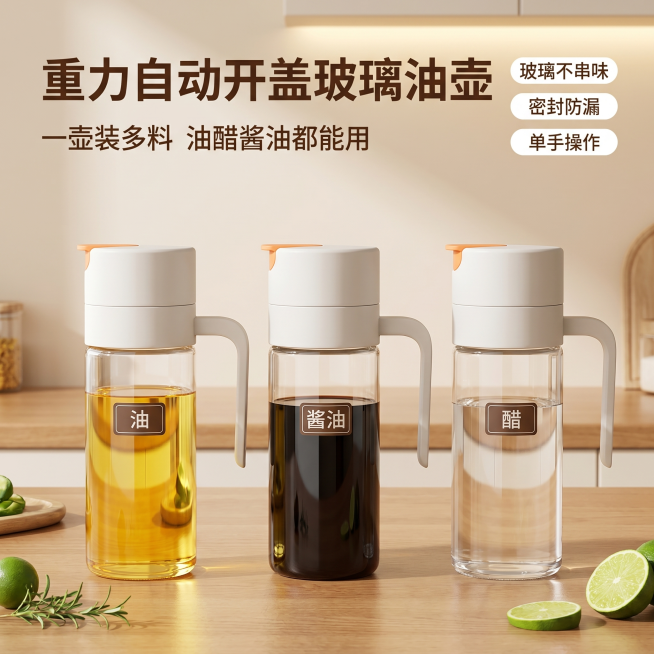 [主图 1] 重力自动开盖玻璃油壶产品首图，展示一壶多用场景。[氛围风格] 温馨家居暖调厨房场景，暖黄灯光氛围，干净通透。[画质] 商业摄影质感、光线柔和通透、产品清晰真实、画面干净高级。[元素] 三预览效果
