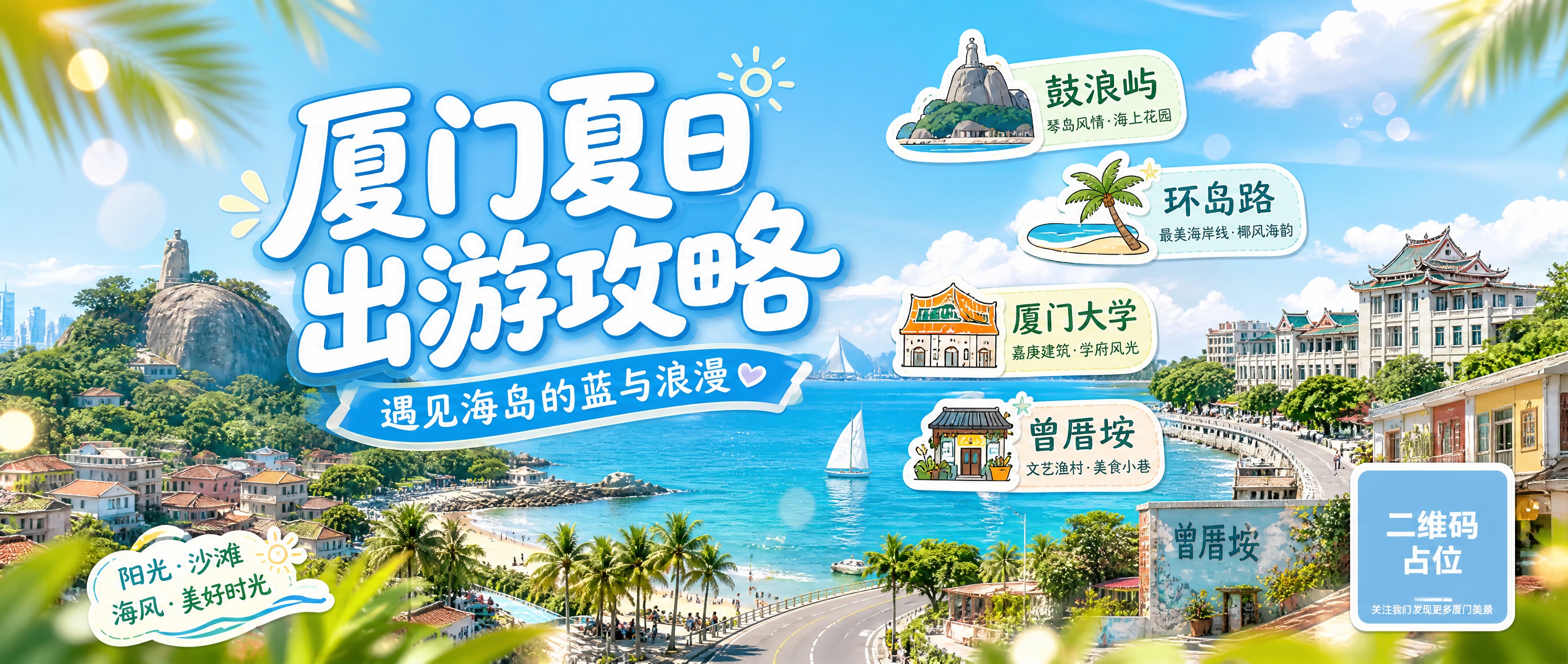 微信公众号首页封面海报，主题为厦门夏日出游攻略。画面采用清新夏… - 图片创意预览