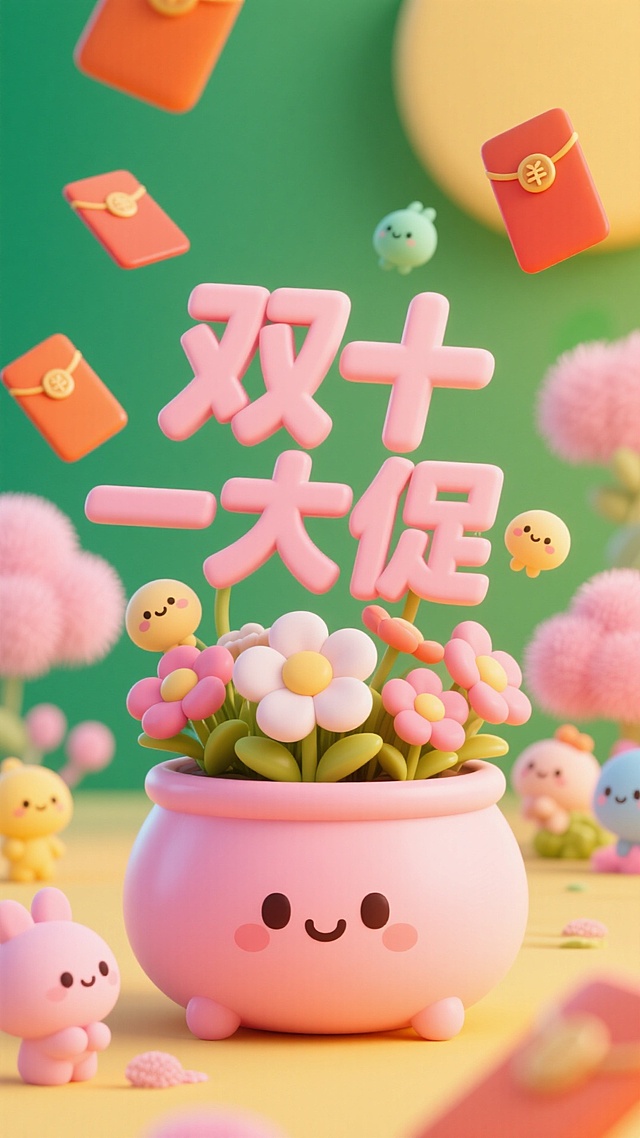 卡通主角为核心主体，周围环绕着造型 Q 萌的小生物以及装饰有花朵等元素的奇幻容器。标题“双十一大促”文字具有立体、醒目效果，以红色、金色等富有活力与喜庆感的色调为主，搭配白色，营造出双十一的热烈促销氛围。采用 3D 卡通渲染风格，画面呈现出治愈、温馨的氛围，类似经典萌系动画的视觉效果。以粉色、暖黄色等明亮、柔和的暖色调为主，营造出温暖欢快的色彩氛围。空中有飘落的红包元素，为画面增添活泼与惊喜感，各类元素的材质都带有柔软、蓬松的质感表现。背景以绿色、橙色、粉色等明亮、清新的色彩为主，整体色调活泼欢快，充满生机