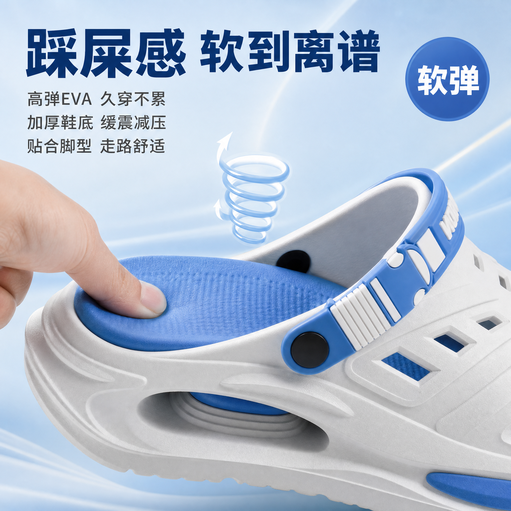 拼多多风格电商主图，白蓝配色洞洞鞋踩踏舒适软弹卖点细节图。画面… - 图片创意预览