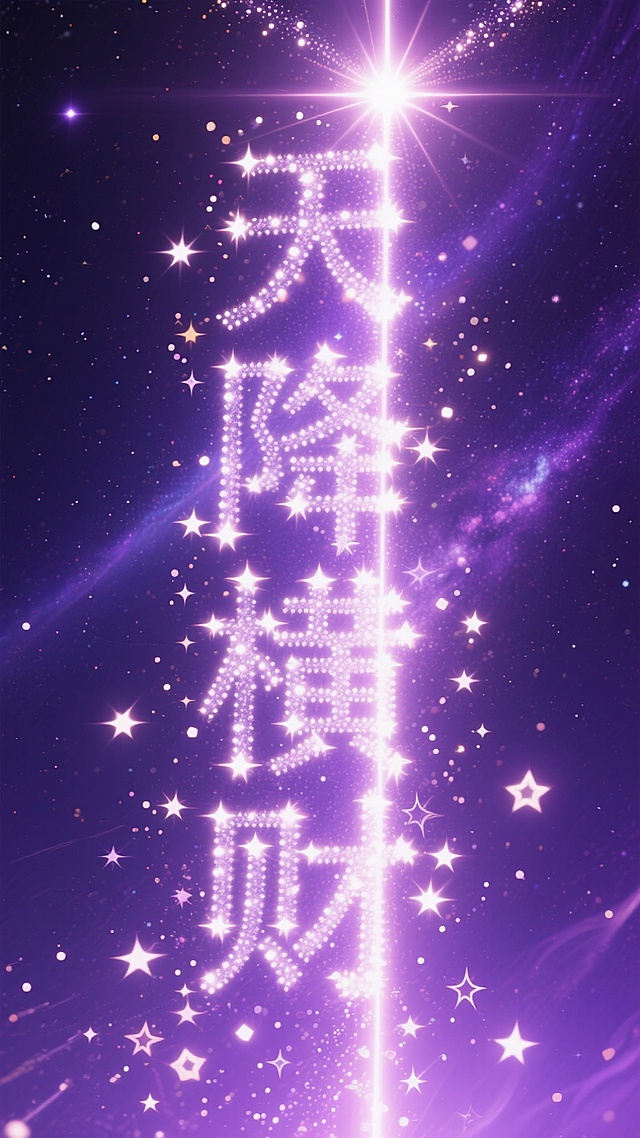 梦幻紫夜空下，星光点缀的“天降横财”大字闪耀霓虹光效，粒子流动间尽显奢华浪漫，虚拟现实感十足，光影交织，唯美感爆棚。