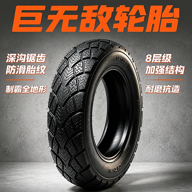 [主图-1] 巨无敌全地形防滑轮胎品牌首图；
[氛围风格] 硬核工业风，拼多多大字直白风格，突出性价比与专业感；
[画质] 商业摄影质感、光线明快通透、产品清晰真实、画面干净高级、产品细节锐利；
[元素] 轮胎主体45°斜倾悬浮居中，占画面约70%，保持轮胎外观（物理结构、材质质感、黑色橡胶纹理）与输入产品图绝对一致，杜绝任何变形和色差，精细化处理。浅灰色工业质感背景，干净不杂乱。巨无敌轮胎品牌放置在画面上方，字体醒目，品牌名称清晰不遮挡产品。画面整体满版无边框。
[光影] 左侧侧前方主光，打出轮胎橡胶纹理明暗层次，右侧辅光柔化阴影，轮胎边缘高光清晰，突出橡胶立体质感，暗部有细节不发黑。
[配色] 主色调黑色（轮胎主体），品牌与卖点文字使用橙色，背景浅灰色，统一黑橙配色，对比强烈醒目。
[视角构图] 45°斜侧平视，主体居中，景深适中，轮胎轮廓完整不裁切。
[文字版式] 画面上方居中放置品牌大字「巨无敌轮胎」，橙色粗体无衬线，最大字号突出品牌；下方中心主产品两侧分两列排列卖点：左侧「深沟锯齿防滑胎纹」「制霸全地形」，右侧「8层级加强结构」「耐磨抗造」，均为白色字配橙色细描边，字号约为品牌一半，左对齐和右对齐排列，所有文字不遮挡轮胎主体，预留安全边距。
[比例分辨率] 1:1 比例，2048px分辨率；文字清晰可辨，超高清。
[负向提示词] 变形，文字错乱，产品图模糊，背景杂乱，水印，电商平台Logo，绝对化违禁词，最，第一，100%