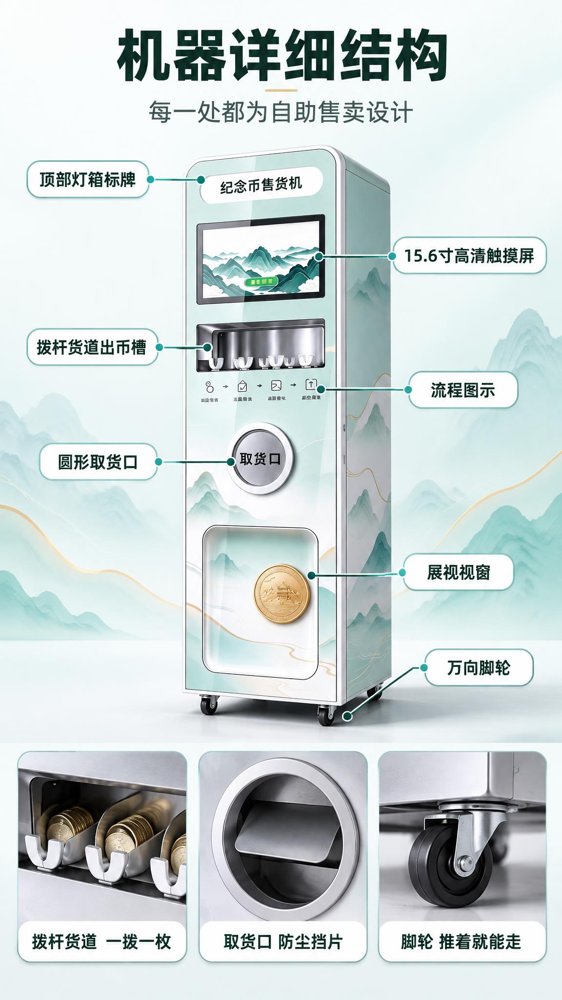 [商品] 使用【图1】纪念币售货机整机：白色与浅青绿窄高柜体、… - 图片创意预览