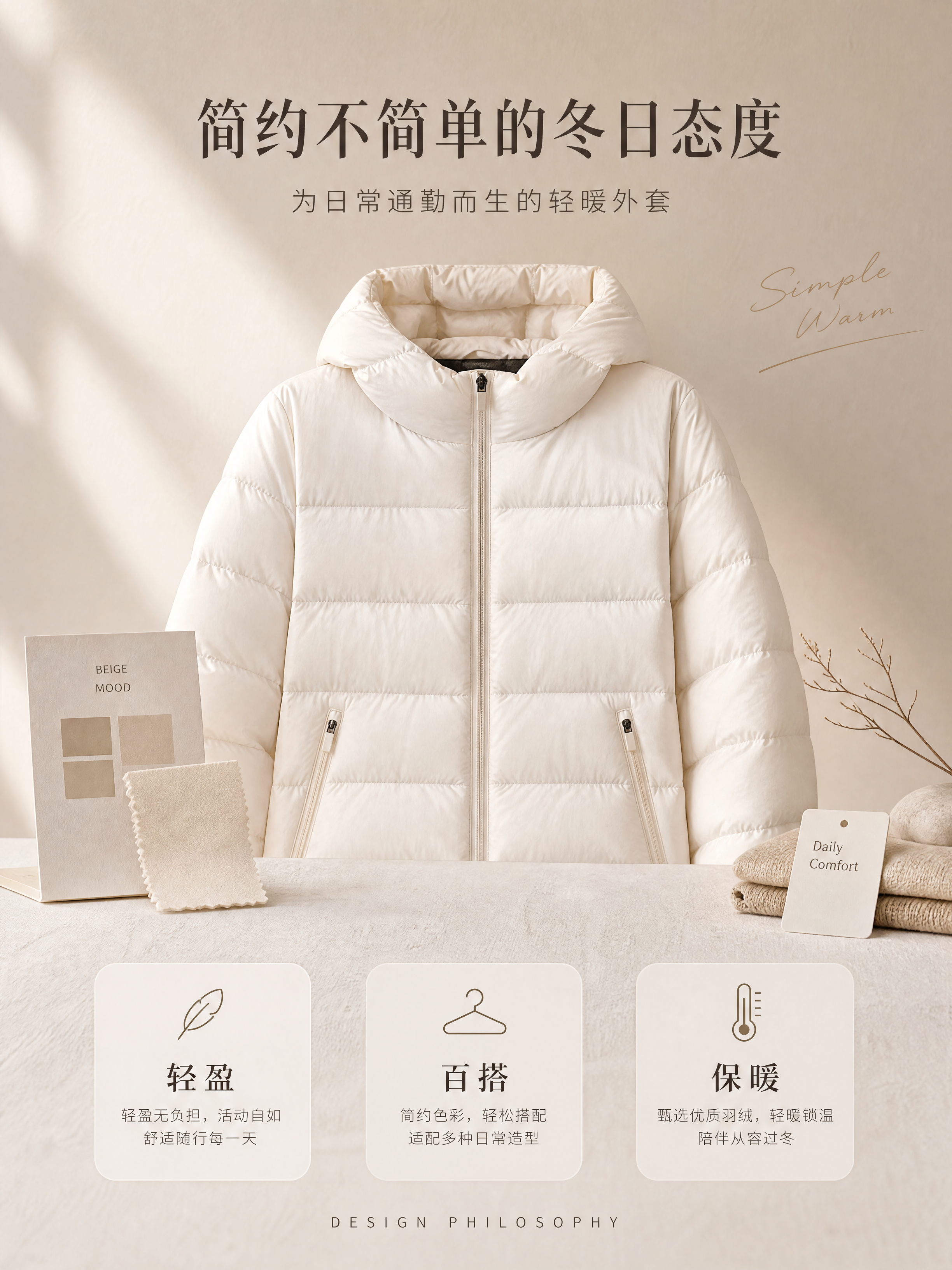 [商品] 使用【图1】奶白色连帽短款羽绒服；商品处理：保留连帽… - 图片创意预览