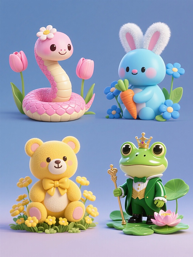 4个不同元素的系列素材集合，每个元素都保持相同的3D卡通风格，柔和的光影效果，细腻的材质表现，规整的对称构图，纯色背景。第一个元素是粉色系的可爱蛇形生物，身体覆盖着鳞片，头部有花朵状的装饰，周围环绕着粉色的郁金香；第二个元素是蓝色系的卡通兔子，身体圆滚滚，耳朵长而蓬松，手持胡萝卜，周围有蓝色的花朵和叶子；第三个元素是黄色系的小熊玩偶，戴着蝴蝶结，坐在黄色的花丛中，表情呆萌；第四个元素是绿色系的青蛙王子，身穿绿色的礼服，手持权杖，周围有绿色的荷叶和荷花。每个元素都有闪亮的高光和柔和的阴影，整体画面色彩明快，充满童趣。