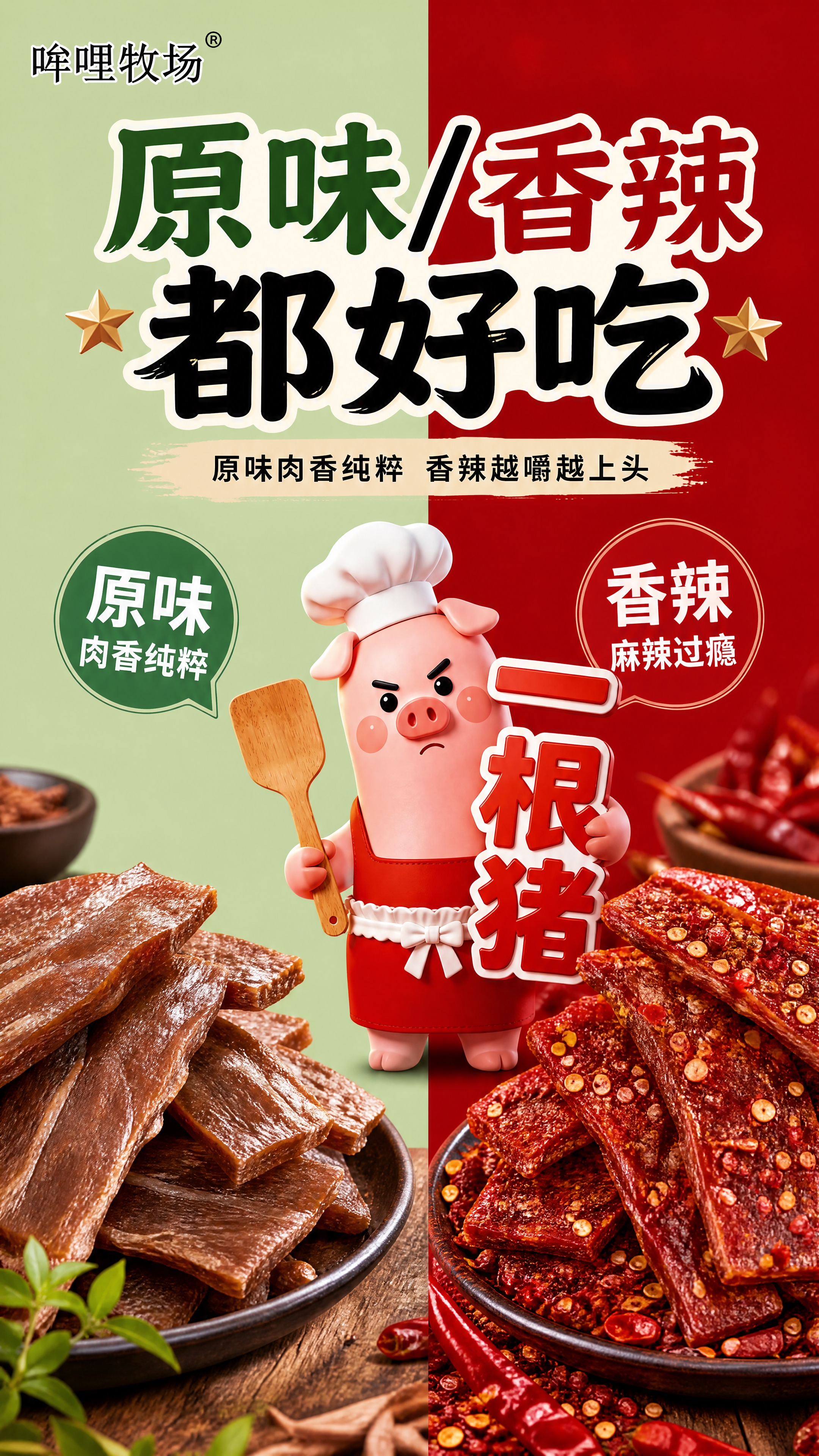 拼多多口味图双口味，左右分屏对称构图。左半部分浅绿色背景+原味… - 图片创意预览