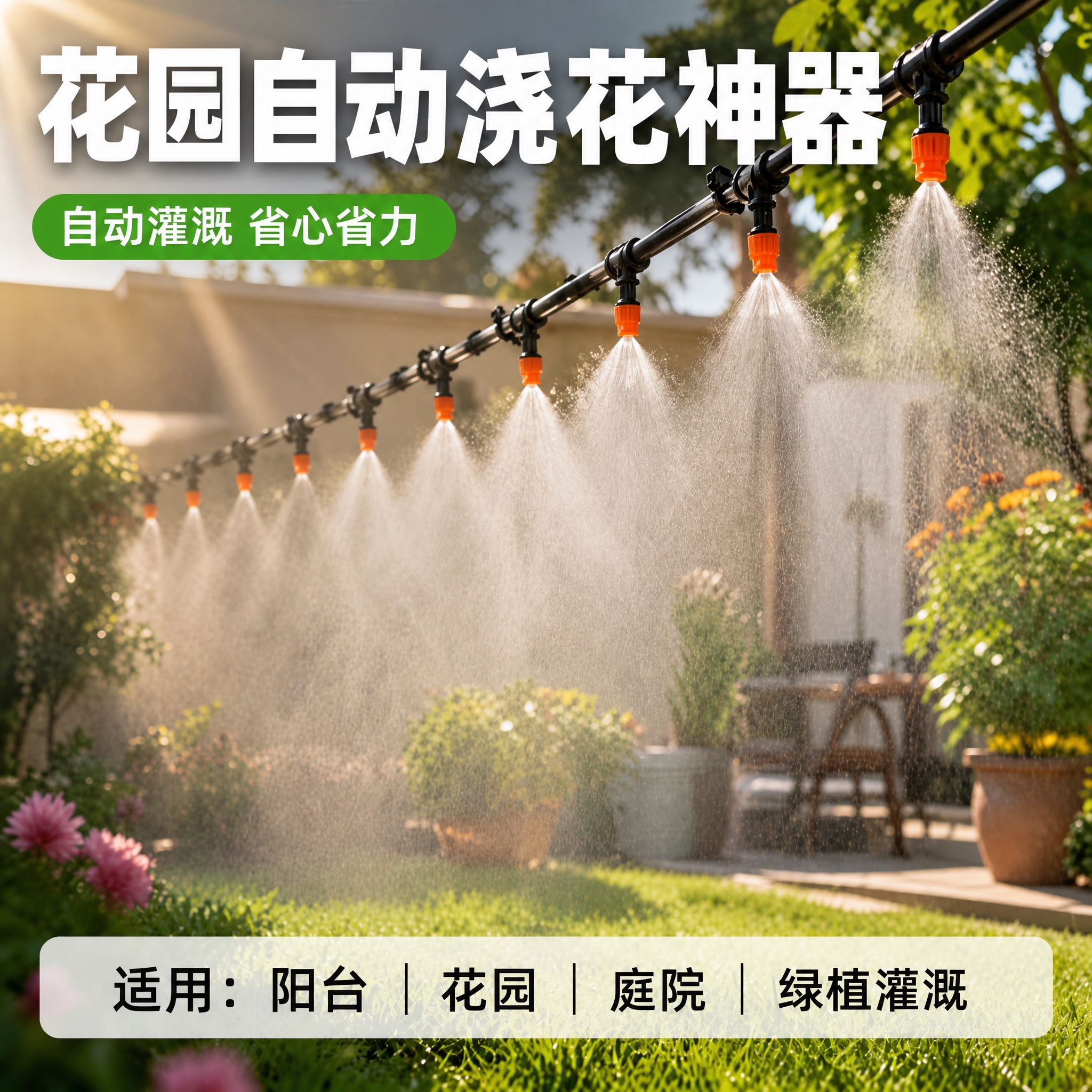 电商主图，橙色雾化喷头成排安装在黑色管道上，正在喷洒细腻水雾，… - 图片创意预览